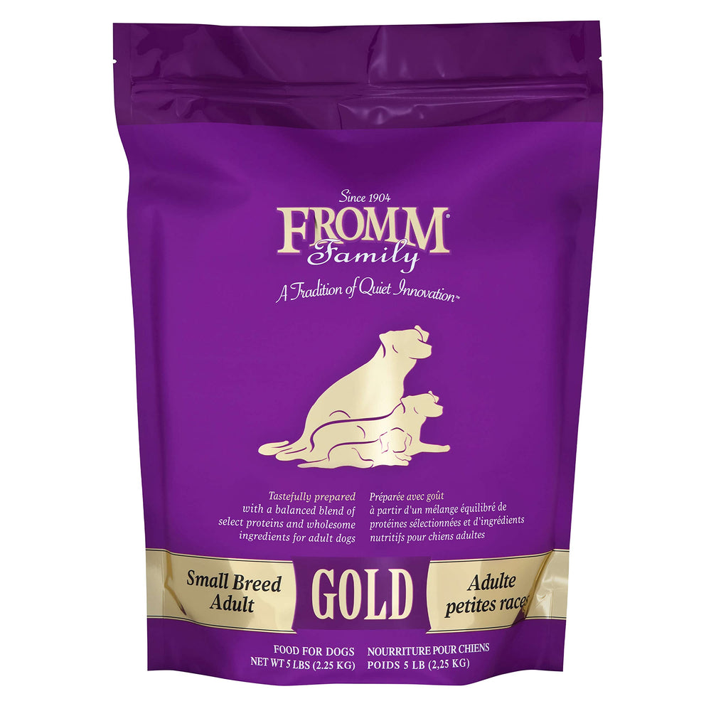 Fromm Small Breed Adult Gold chicken kibble closeup highlighting high-quality protein.