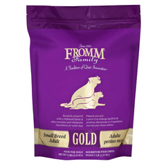 Fromm Small Breed Adult Gold chicken kibble closeup highlighting high-quality protein.