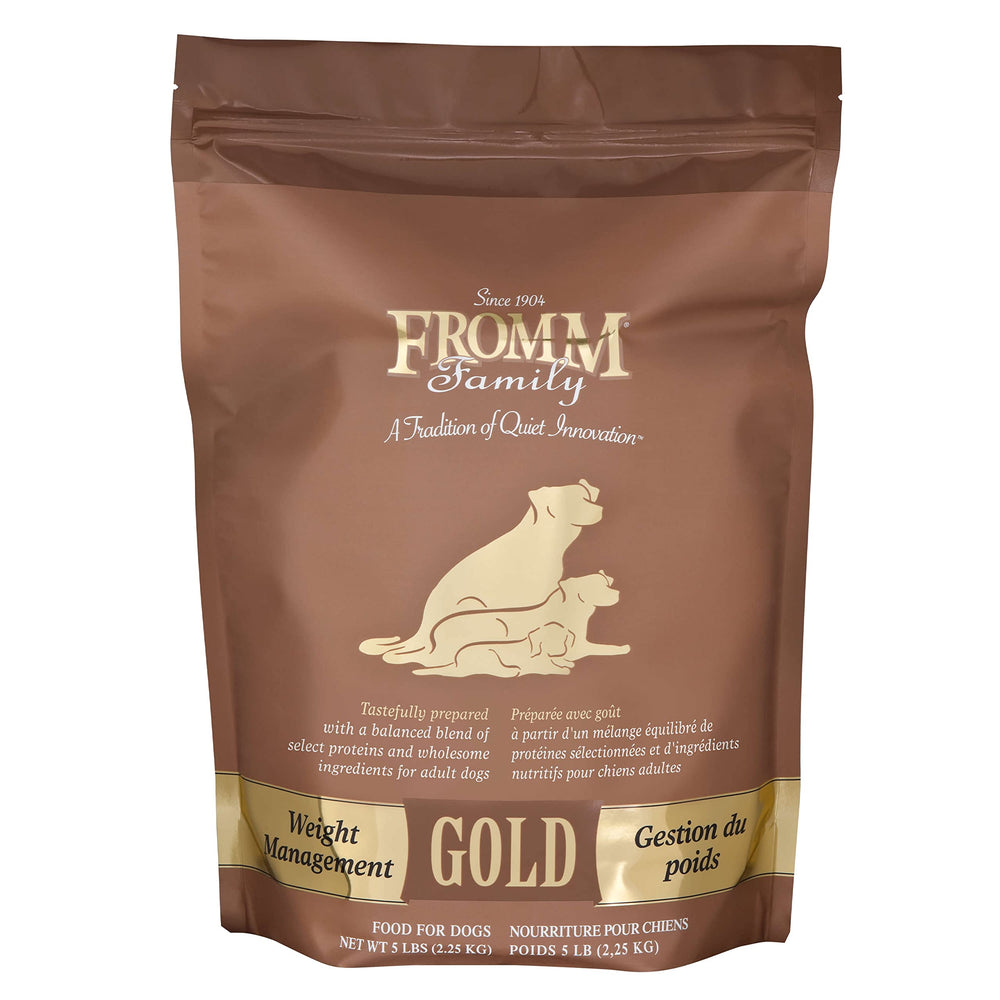Fromm Weight Management Gold dry dog food bowl showing balanced nutrition and portion control