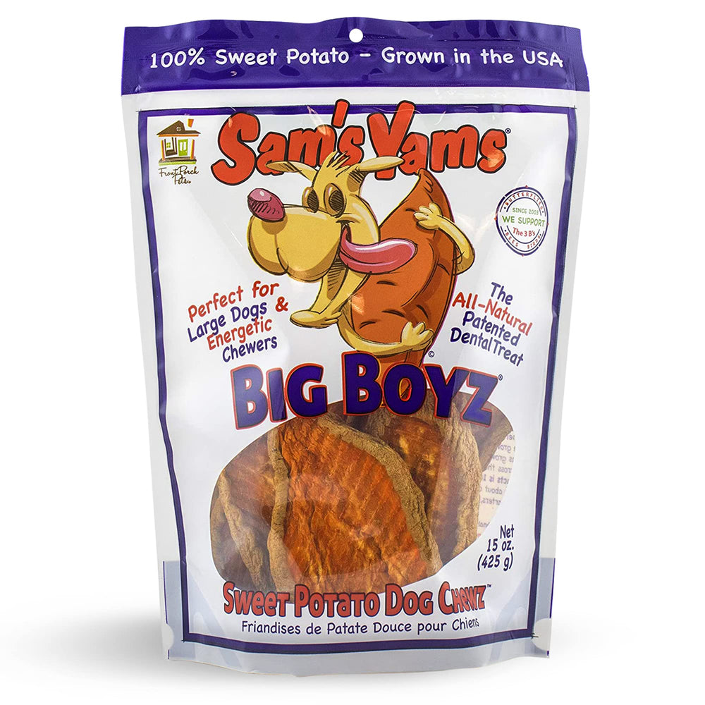 Front Porch Pets Sam's Yams Big Boyz bag front view showing grain-free big-dog snack
