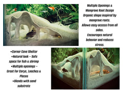 FROSTO aquarium corner cave in-tank setup demonstrates discreet shelter for fish and shrimp.