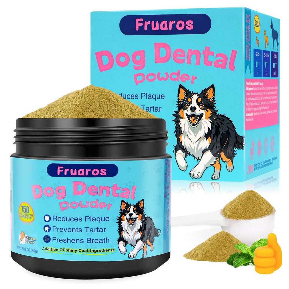 Fruaros dog teeth powder packaging for convenient at-home dental care