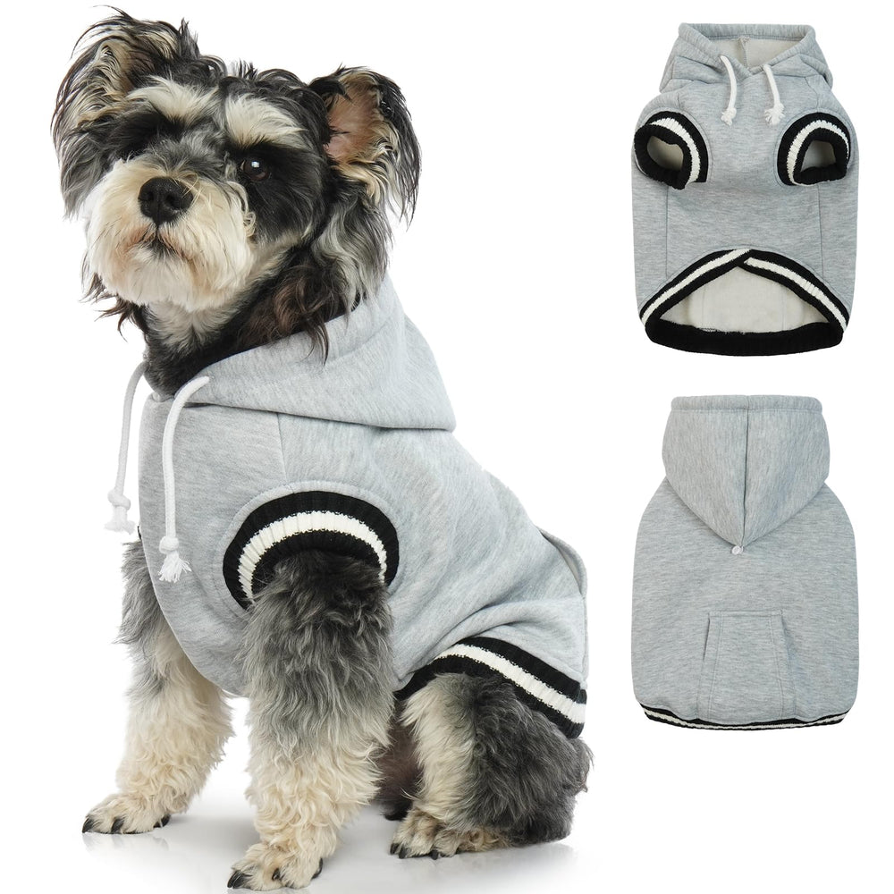 FUAMEY dog hoodie front view in gray showing cozy fleece warmth for chilly walks