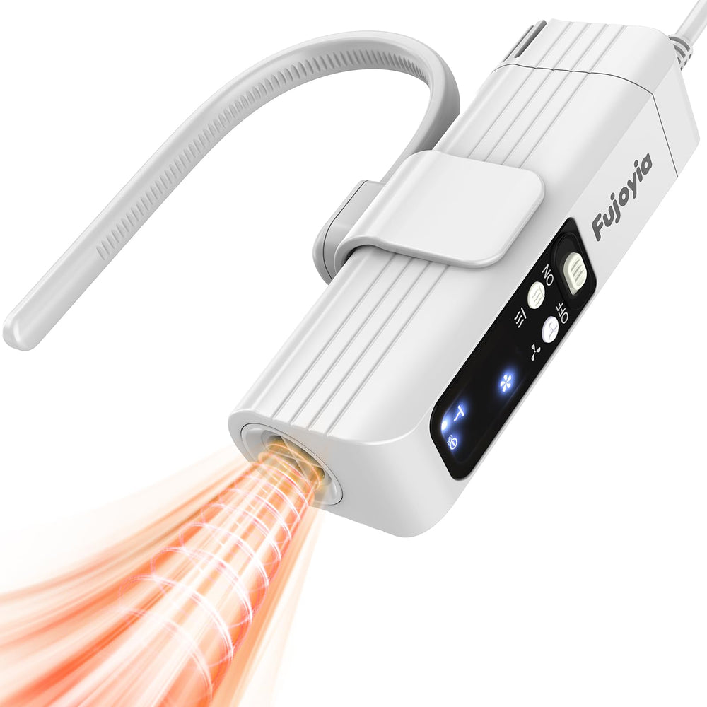 Fujoyia pet hair dryer with hanging strap for hands-free grooming and soothing brushing.