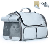 FUKUMARU cat carrier full setup shows secure travel under airplane seat.