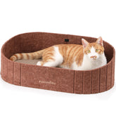 FUKUMARU 24-inch sofa-shape cat scratcher in caramel offers lounging and scratching space.