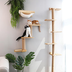 FUKUMARU Cat Wall Shelves natural-materials detail emphasizes durable rubber wood and sisal.