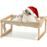FUKUMARU dog bed elevated hammock with wooden frame supports cozy, secure lounging for pets.