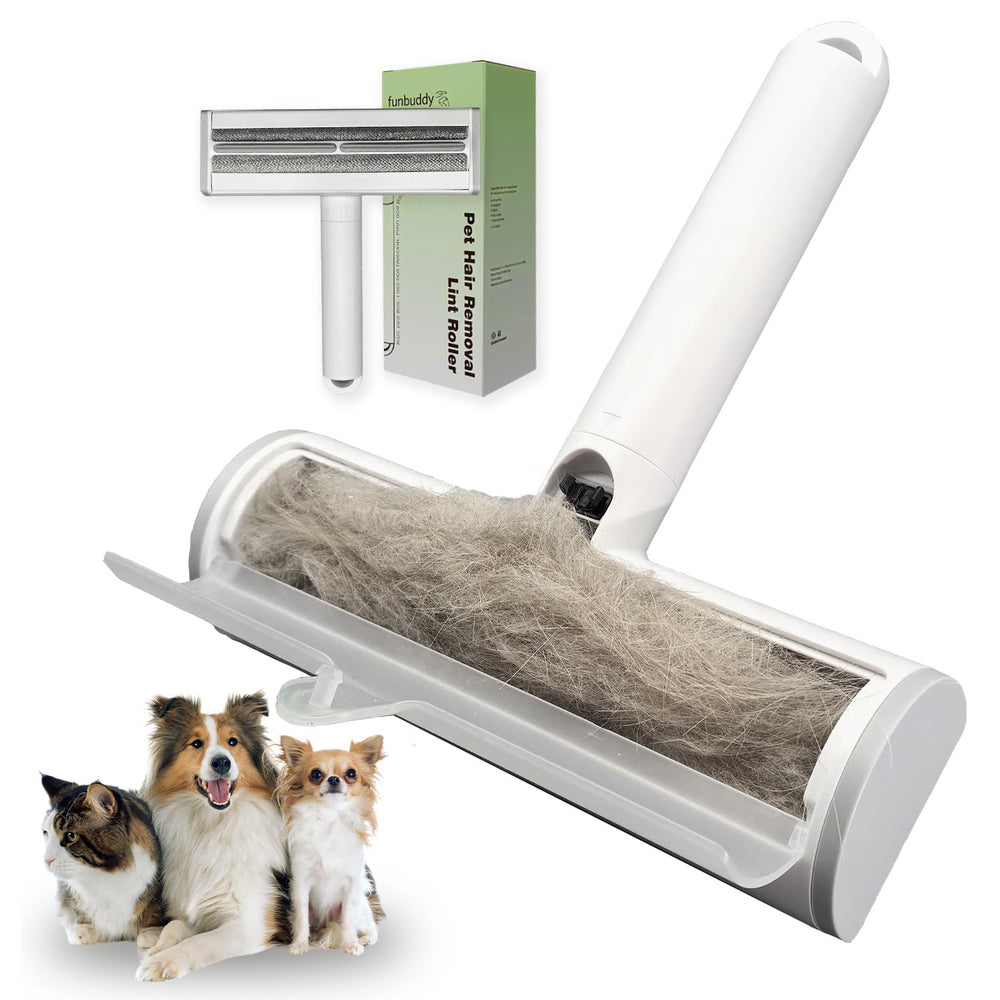 Funbuddy Pet Hair Remover roller in action on a sofa, capturing fur quickly