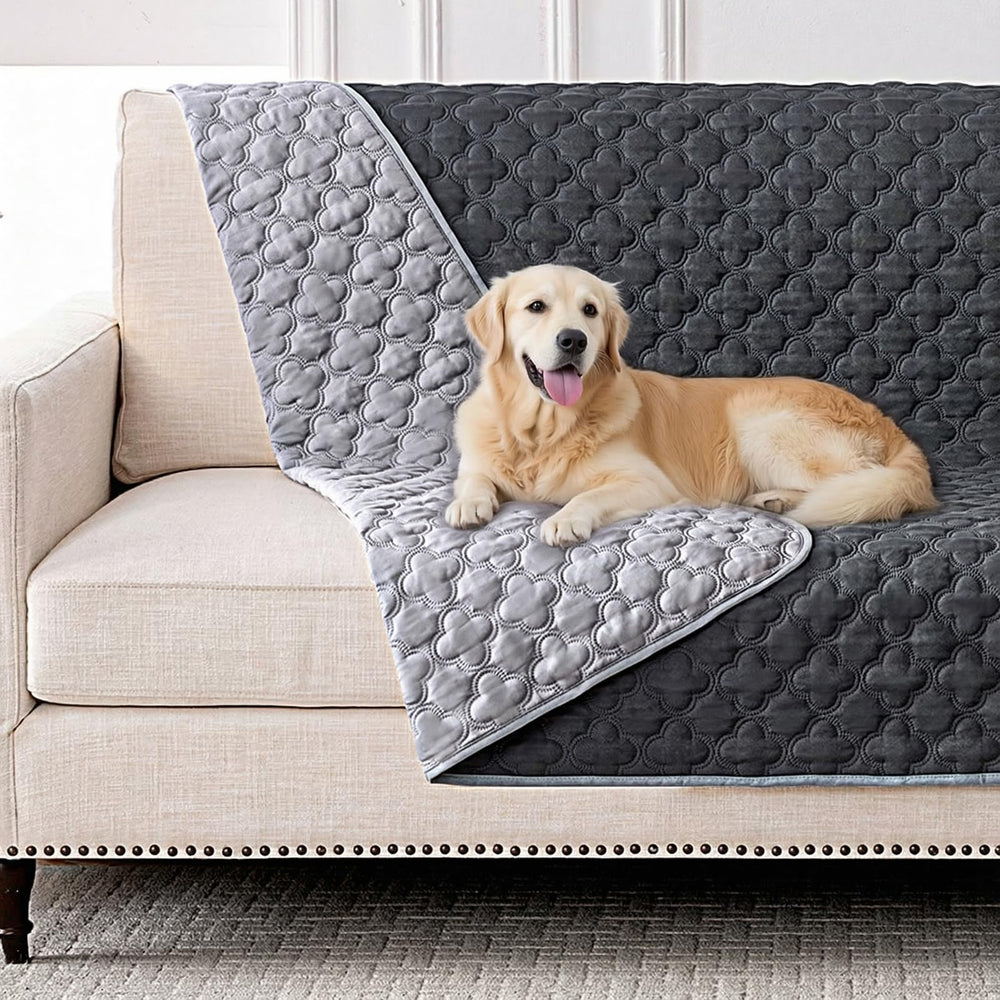FunFurry waterproof dog blanket on a sofa showing dark and light sides for stain protection