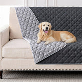 FunFurry waterproof dog blanket on a sofa showing dark and light sides for stain protection