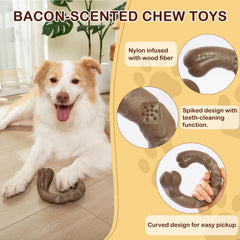 Funnbite Tough Dog Toy bacon-scented curved bone closeup texture highlights spikes for dental-friendly chewing.