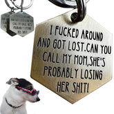 Funny Dog Tag closeup showing laser engraving for lasting clarity
