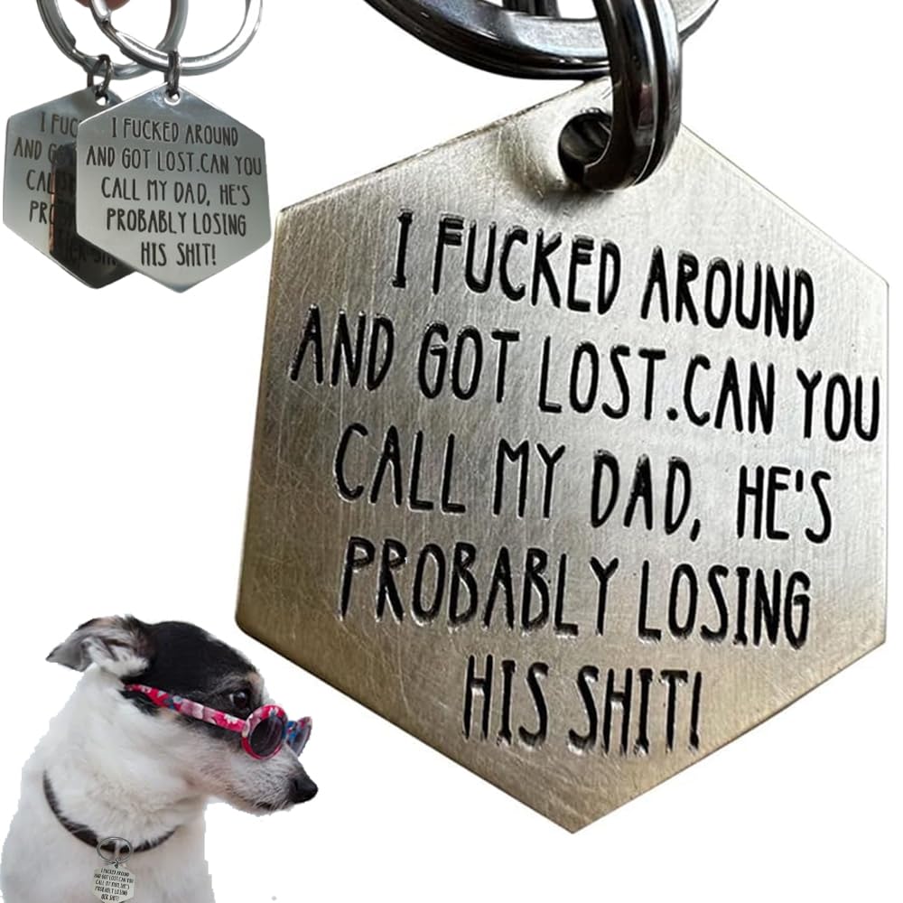 Funny Dog Tag in thick stainless steel ready for daily wear and rust resistance.