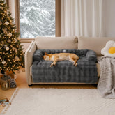 Funny Fuzzy plush-couch-bed-grey provides a cozy, calming nap spot for pets.