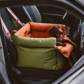 FUNNYFUZZY dog car seat front view showing secure booster design for medium dogs.