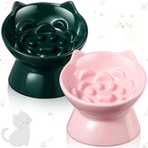 Funnymoom ceramic elevated slow feeder bowls in pink for comfortable mealtime.