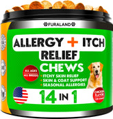 FURALAND Dog Allergy Relief Chews bottle closeup highlights immune support