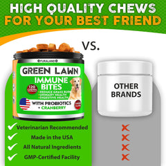 FURALAND Grass Burn Spot Chews probiotic pieces on green lawn illustrate lawn-care benefits