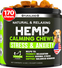 FURALAND hemp calming chews duck flavor tub – tasty anxiety support for dogs.