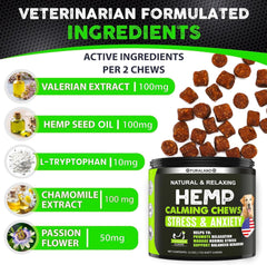 FURALAND hemp calming chews ingredients – valerian, melatonin, hemp oil for gentle support.