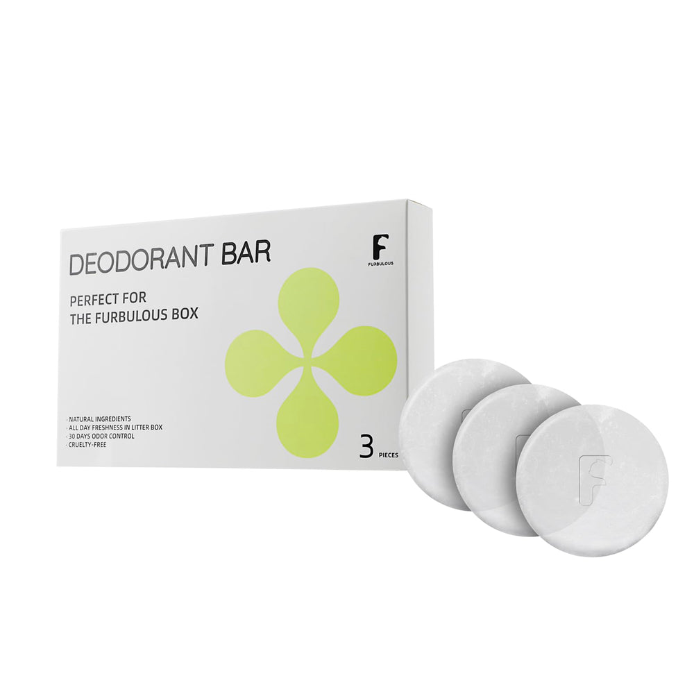 Furbulous deodorant bar 3-piece set packaging shows odor management potential near litter area