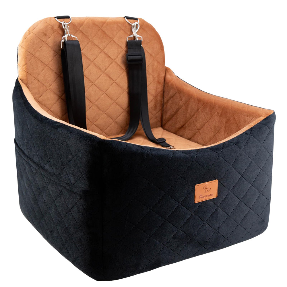 FurFrolic dog booster seat elevated cushion for clearer road view during car rides.