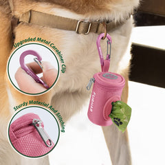 FURHAB poop bag dispenser attached to leash using sturdy carabiner clip.