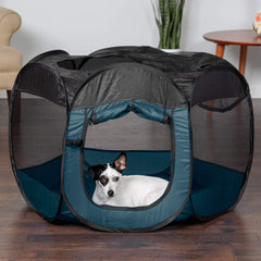Furhaven pop-up playpen Sailor Blue zippered-top shows secure shade and ventilation.