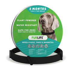 FurLife flea-tick-collar close-up showing dark collar for all breeds and chemical-free protection.