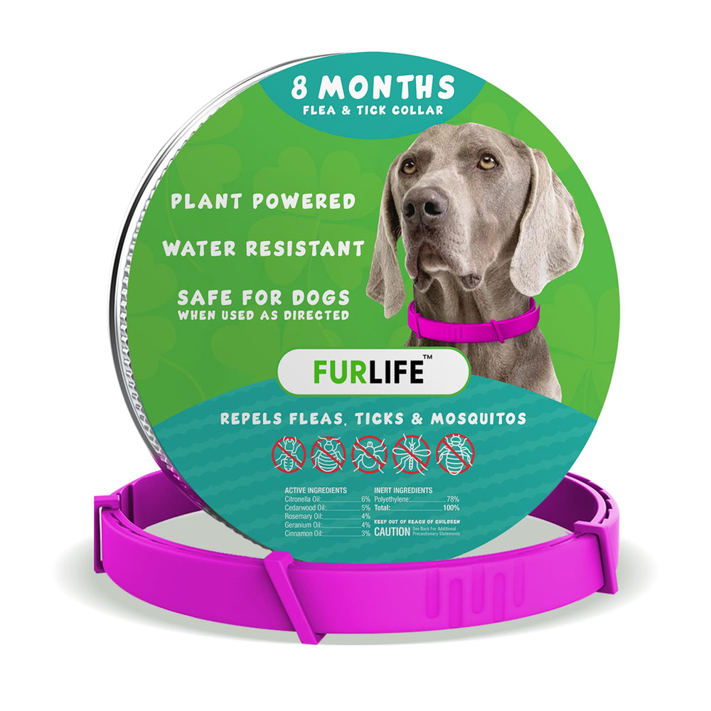 FurLife flea-tick collar pink closeup highlights chemical-free protection for dogs.
