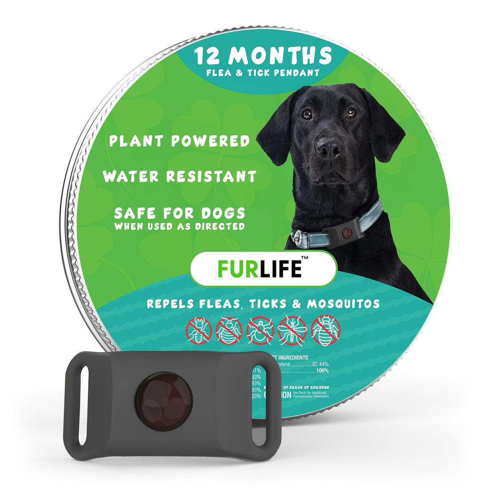 FurLife grey dog tag pendant highlights lightweight flea and tick prevention.
