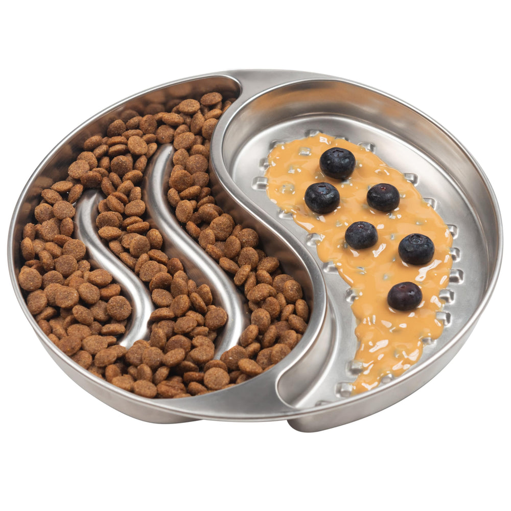 Furlithix stainless-steel slow feeder bowl top view promoting calmer meals.