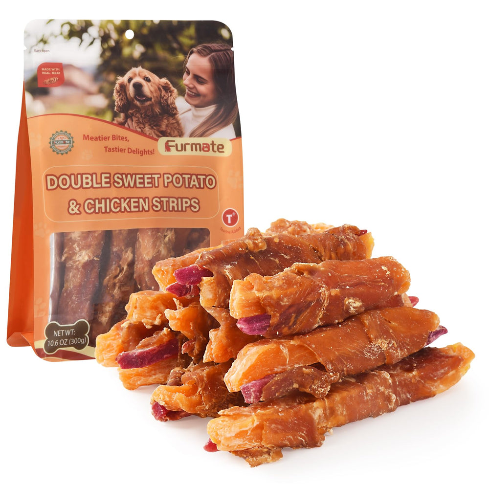 Furmate chicken-wrapped sweet potato treats packaging shows low-fat, high-protein dog snack