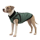 Furmate dog winter coat back view shows built-in harness for secure control on winter walks.