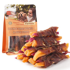 Furmate duck-wrapped packaging shows orange-purple sweet potato treats for training rewards.