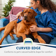 FURminator deshedding tool long-hair edge shown with stainless-steel edge reaching undercoat safely.