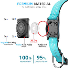 Furrigo AirTag dog collar blue reflective stitching visible at night for better visibility.