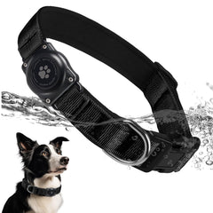Furrigo upgraded AirTag dog collar closeup shows sleek black finish for daily comfort.