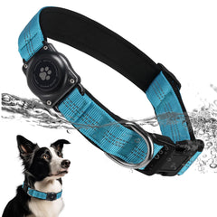 Furrigo upgraded AirTag dog collar blue side view showing built-in AirTag holder for easy tracking.
