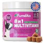 Furrolika masticables para perros, botella mostrando suplemento diario y beneficios de salud.