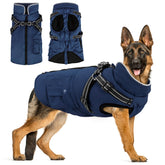 FURTIME dog winter coat front view showing harness integration for secure cold-weather walks.