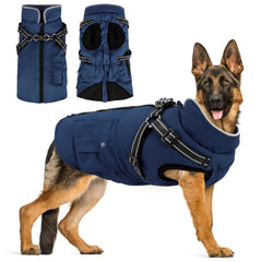 FURTIME dog winter coat front view showing harness integration for secure cold-weather walks.