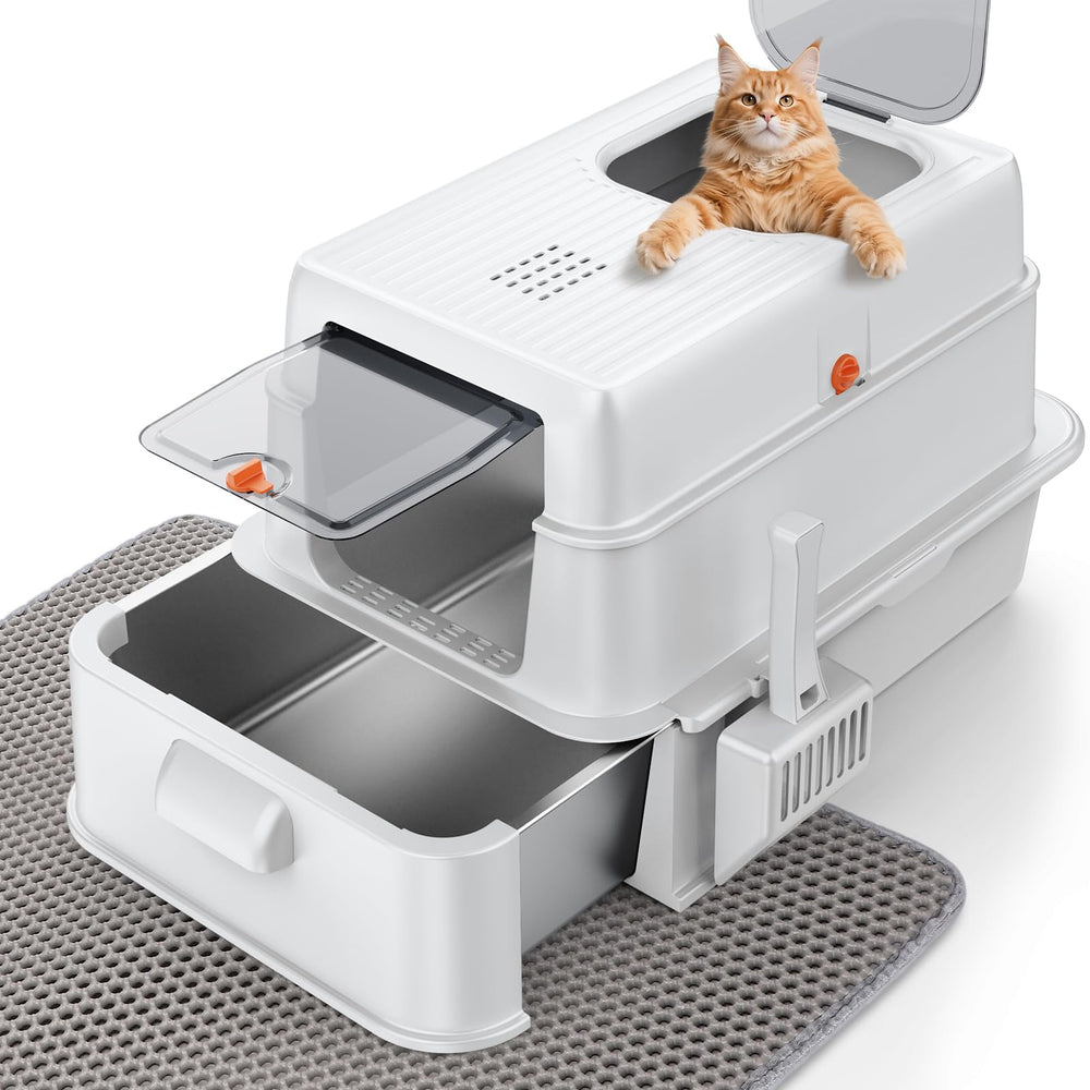 FURTIME stainless steel litter box with drawer-tray removal for quick cleanup and less mess