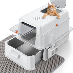 FURTIME stainless steel litter box with drawer-tray removal for quick cleanup and less mess