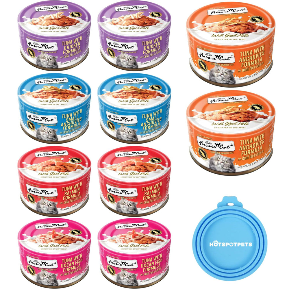 Fussie Cat goat milk gravy cans front view, promotes hydration and appeal.