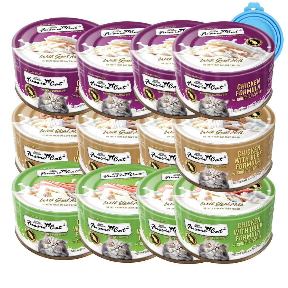 Fussie Cat goat-milk wet food cans from the variety pack for tasty feline meals.