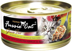 Fussie Cat Premium Tuna Salmon can, omega-rich nutrition for coat health.