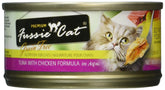 Fussie Cat grain-free tuna and chicken can closeup, highlighting protein-rich recipe for active cats.