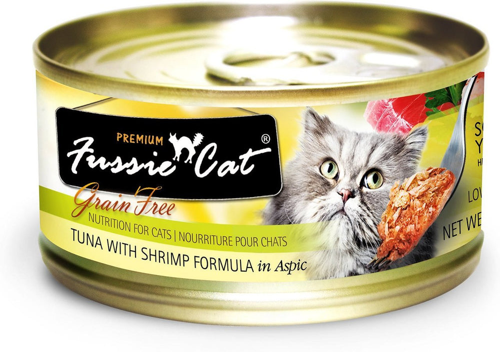 Fussie Cat tuna and shrimp can for cats; protein-rich meal for active cats.